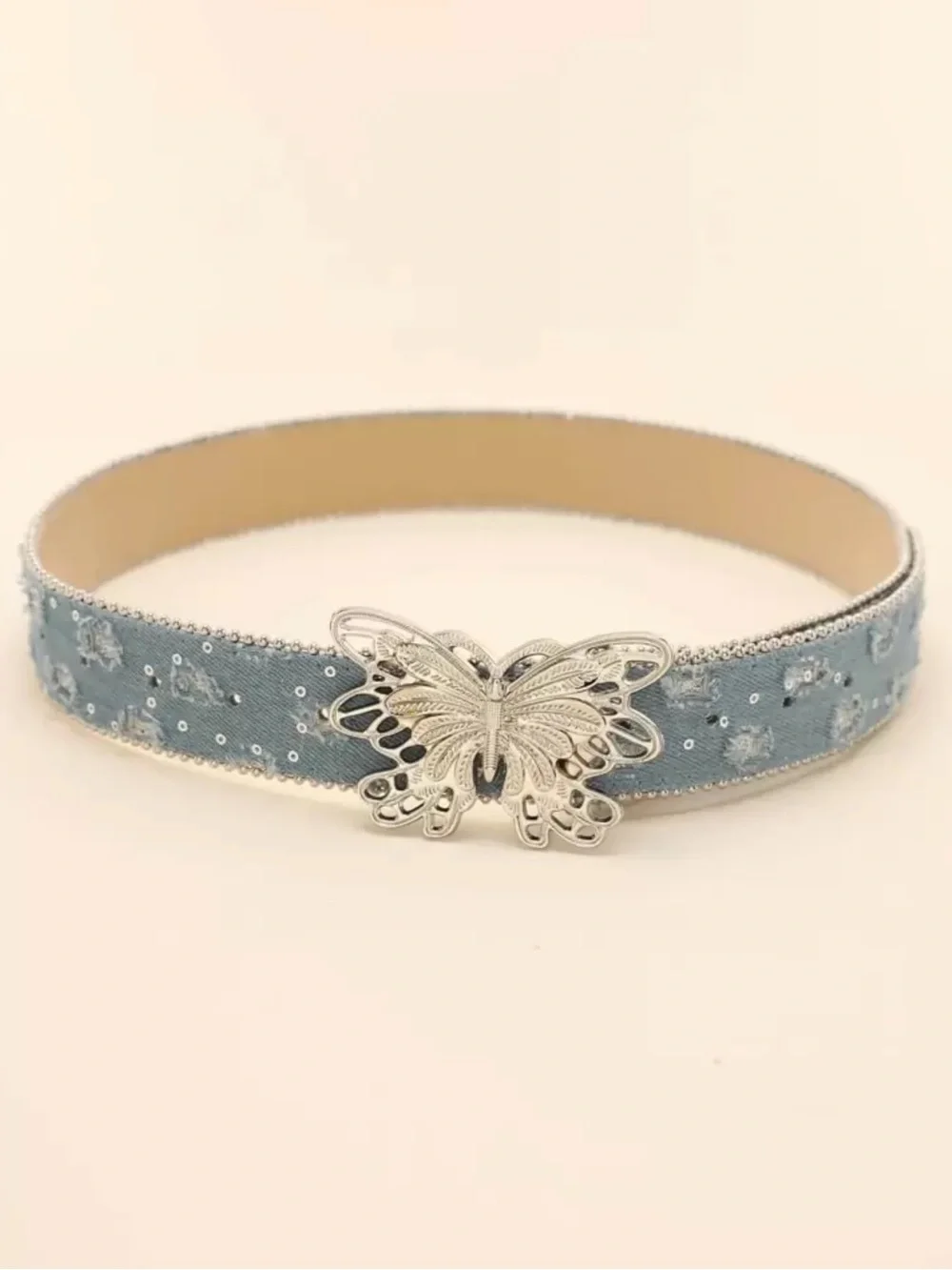 Vintage Y2K Butterfly Denim Belt | Rhinestone Studded | Silver Butterfly Buckle